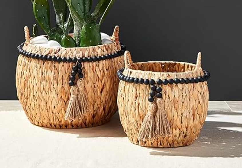 Black Bead Tassel Hyacinth Basket Set of 2