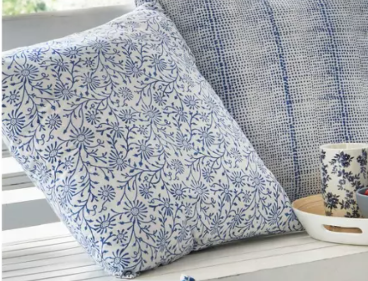 Blue Floral Vine Block Cotton Accent Pillow by Tag