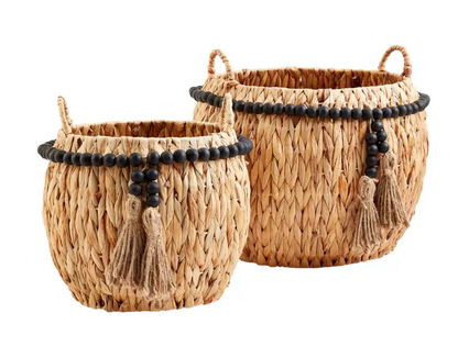 Black Bead Tassel Hyacinth Basket Set of 2