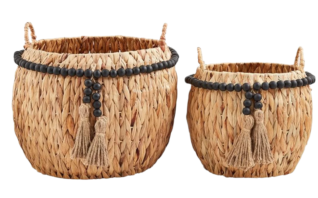 Black Bead Tassel Hyacinth Basket Set of 2