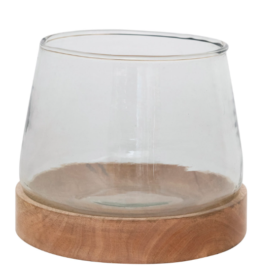 Large Glass Hurricane Vase with Mango Wood Base