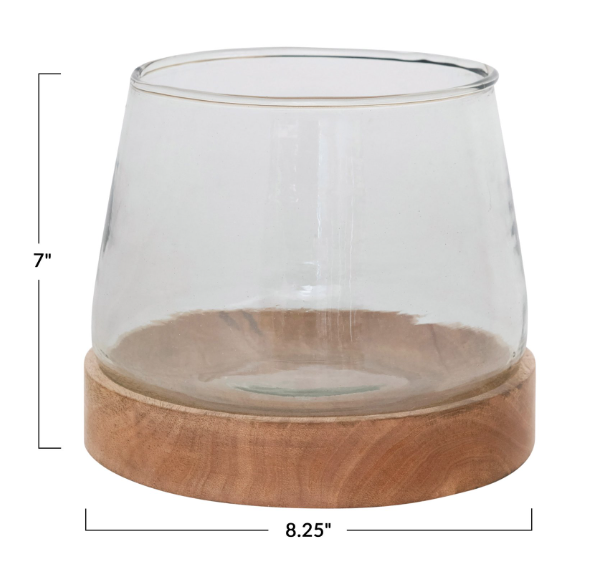 Large Glass Hurricane Vase with Mango Wood Base
